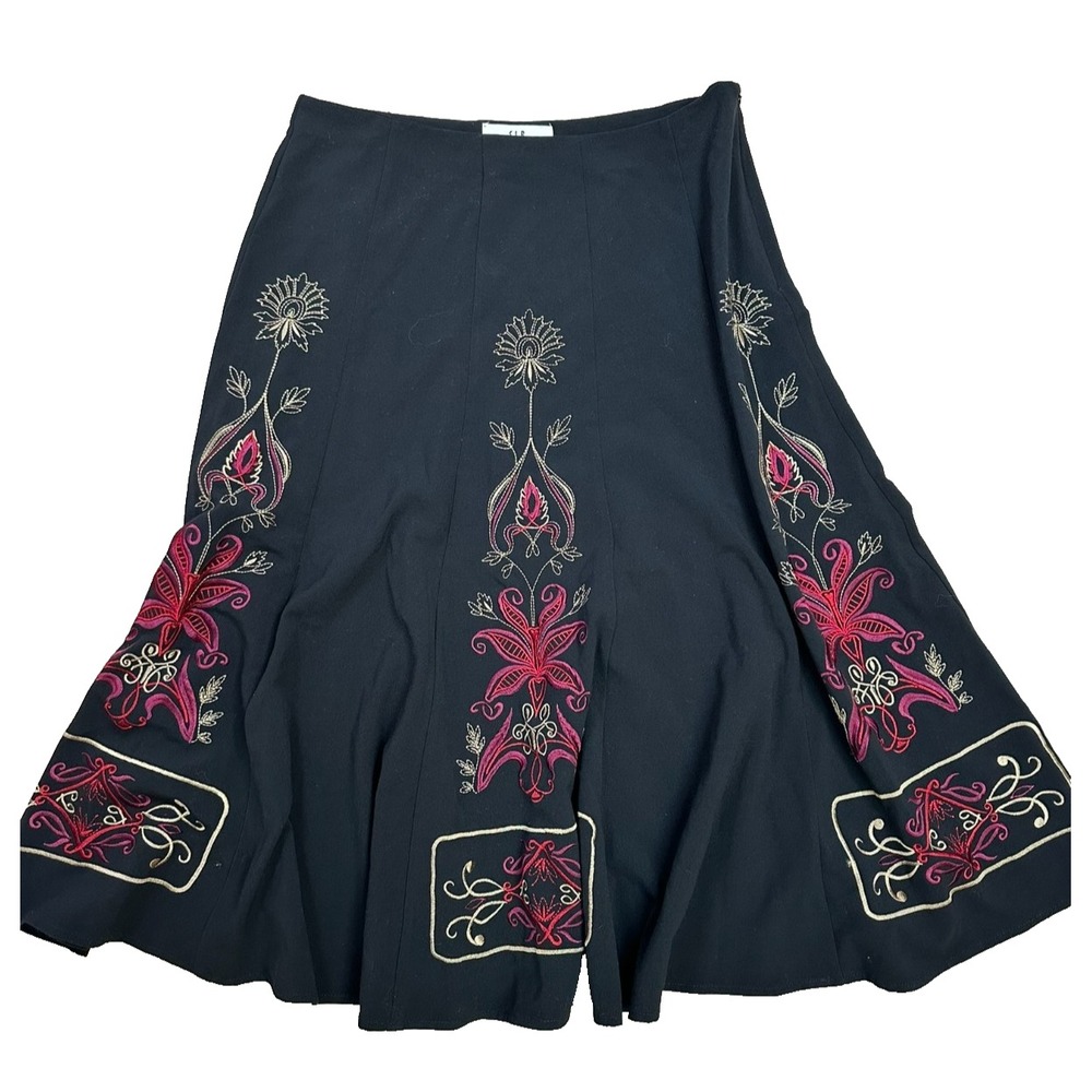 Vintage Midi Skirt Embroidered Boho Peasant Flare Cottage Witchy Gothic SLB 12